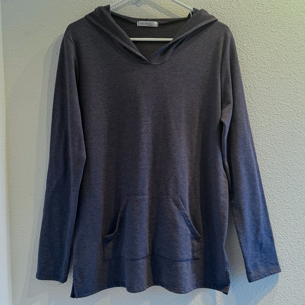 Honey & Lace Womens Long Sleeve Hooded Blue‎ Shirt L Made in USA